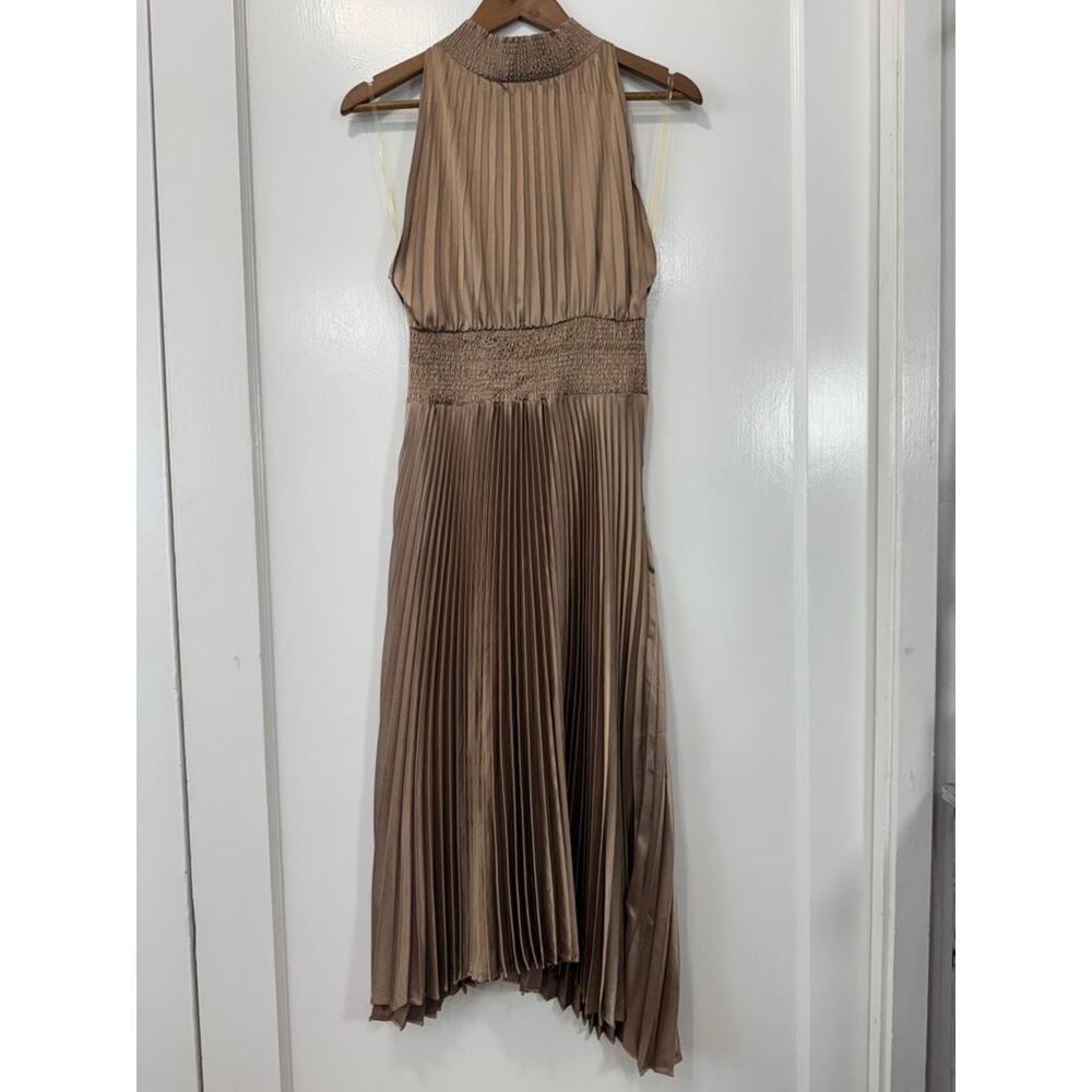 Do + Be Mocha Pleated Satin Asymmetric Smocked Halter Dress Sz S Mocha Goddess